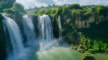 Wall Mural - Majestic Waterfall with Rainbow in Lush Forest