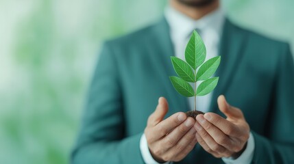 Wall Mural - Businessman Holding a Sprout.