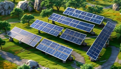 Wall Mural - Isometric View of Lithium-Ion Battery, Solar Cells, and Power Pack in a Modern Solar Plant Energy Setup