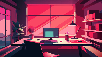 computer screen is standing on the table near to camera office background red light, vector