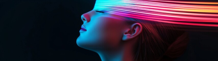 Wall Mural - neon linear portrait, an abstract depiction of a woman illuminated by vibrant neon colors against a 