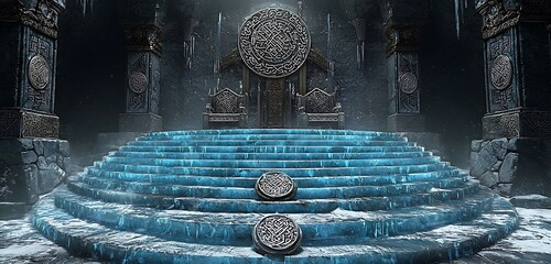 Wall Mural - Viking-inspired throne room with icy blue steps adorned with traditional Norse silver runes.