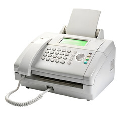 a modern fax machine in white with a display and paper, isolated on transparent or white background.