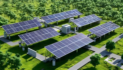 Wall Mural - Isometric View of Lithium-Ion Battery, Solar Cells, and Power Pack in a Modern Solar Plant Energy Setup