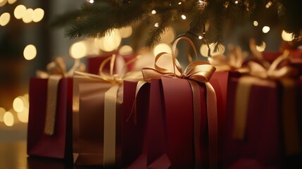 Sticker - Gift bags arranged by gradient from rich burgundy to soft cream, tied with golden ribbons under a twinkling tree. 4K hyperrealistic photo.