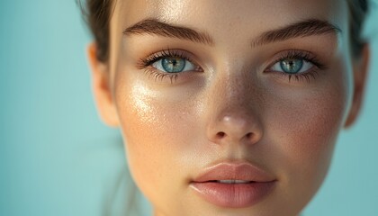 Poster - Close up portrait of a young woman with blue eyes and freckles.