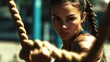 © Nathan - A focused Hispanic woman intensely trains with a rope, showcasing strength and determination.