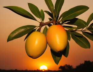 Wall Mural - A ripe, yellow mango placed against an orange sunset.