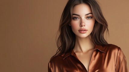 Wall Mural - Photo of lovely stunning pretty lady wear brown satin stylish blouse demonstrate empty space