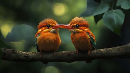 Wall Mural - Two vibrant orange and turquoise kingfishers perched closely on a branch, surrounded by lush green foliage.