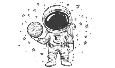Wall Mural - graphics of space, planets, and astronauts on a white background.