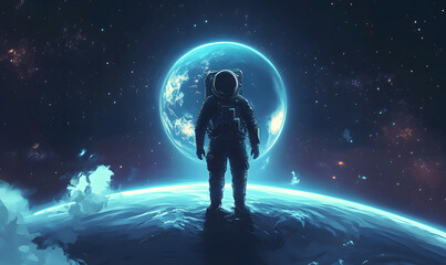 Wall Mural - graphics of space, planets, and astronauts on a white background.