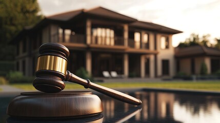 A gavel sits prominently in the foreground with a beautiful, modern house in the background, symbolizing a real estate auction or legal decision concerning property.