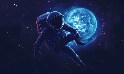 Wall Mural - graphics of space, planets, and astronauts on a white background.