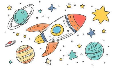 Wall Mural - graphics of space, planets, and astronauts on a white background.