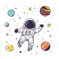Wall Mural - graphics of space, planets, and astronauts on a white background.