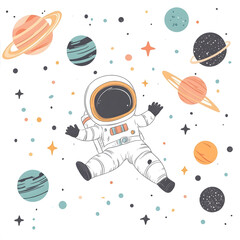 Wall Mural - graphics of space, planets, and astronauts on a white background.
