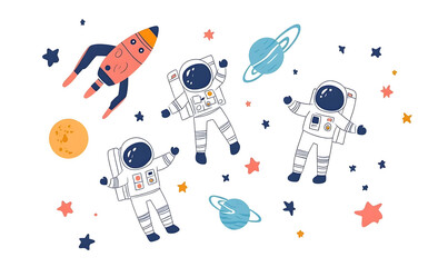 Wall Mural - graphics of space, planets, and astronauts on a white background.