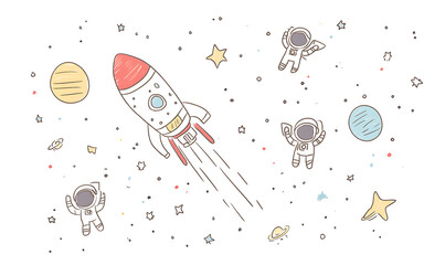 Wall Mural - graphics of space, planets, and astronauts on a white background.