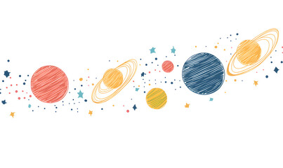 Wall Mural - graphics of space, planets, and astronauts on a white background.