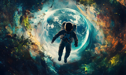 Wall Mural - graphics of space, planets, and astronauts on a white background.