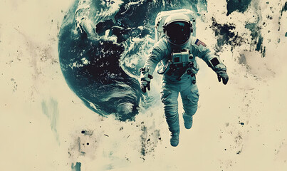 Wall Mural - graphics of space, planets, and astronauts on a white background.