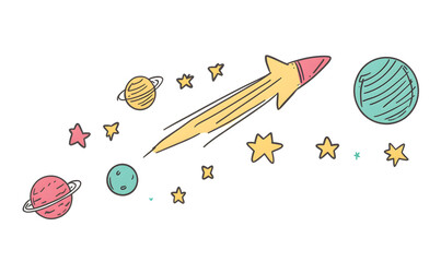 Wall Mural - graphics of space, planets, and astronauts on a white background.