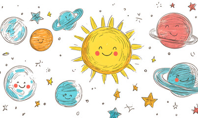 Wall Mural - graphics of space, planets, and astronauts on a white background.