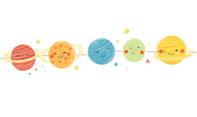 Wall Mural - graphics of space, planets, and astronauts on a white background.