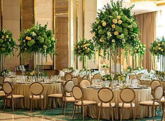 Wall Mural - Luxurious hotel setting for a grand wedding reception with emerald green flowers and round tables.