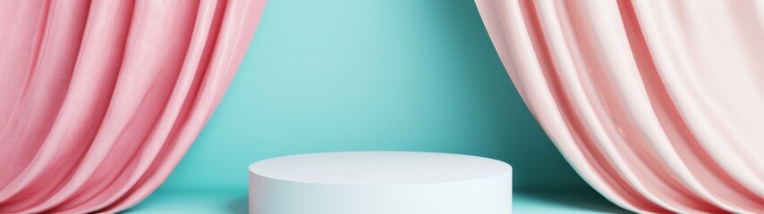 Wall Mural - abstract display setting featuring a floating white podium, complemented by pink and teal curtain ga
