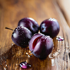 A cluster of ripe plums on a wooden surface.