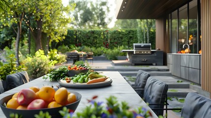 Poster - Modern Backyard Patio with Dining Table and Grill