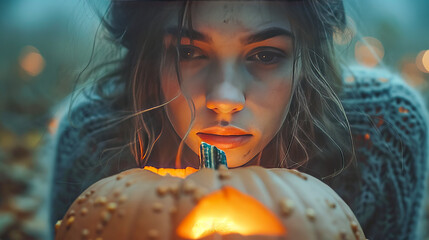 Wall Mural - Young woman contemplating lit halloween pumpkin outside at night