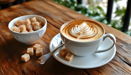 Warm Latte Art Displayed with Sugar Cubes for a Sweet Coffee Moment on a Rustic Wooden Table