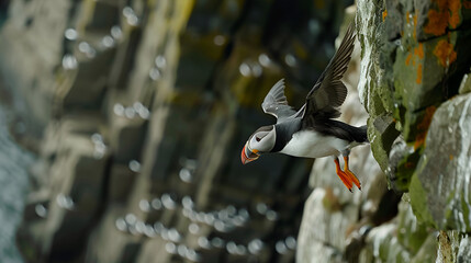 Wall Mural -  A puffin returning to its nest on a rocky cliff