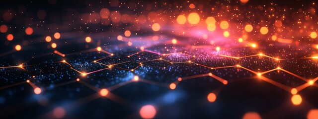 Abstract Hexagon Grid with Glowing Lines and Bokeh Lights