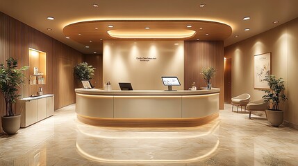 Modern and elegant reception area with a curved reception desk and warm lighting.