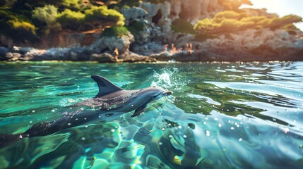 Sticker - Dolphin Swimming in Crystal Clear Water