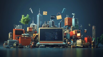 Laptop surrounded by various objects, representing a digital city.