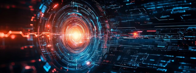 Abstract digital art with swirling blue and red lines creating a futuristic tunnel effect
