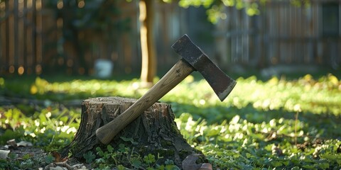 Weathered but finely honed axe belonging to a woodworker or lumberjack, with a wooden grip embedded in a stump in the yard.