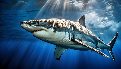 Wall Mural - Graceful Great White Shark Gliding Through Deep Blue Ocean Illuminated by Sunlight