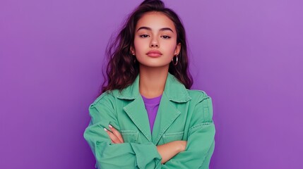 Wall Mural - Photo portrait of attractive teen woman crossed hands look empty space dressed stylish green clothes isolated on violet color background