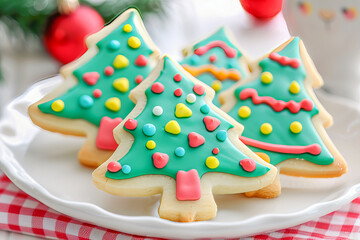 Christmas tree shaped sugar cookies decorated with colorful icing for holiday celebration