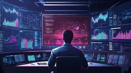 Man Working in Front of Multiple Monitors Showing Data and Charts