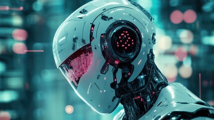 Wall Mural - a futuristic robot head with glowing elements, showcasing advanced technology and design.