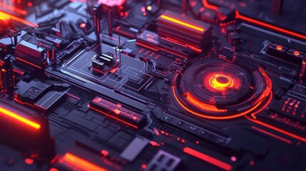 Wall Mural - abstract digital circuit design with glowing red elements for futuristic technology themes.