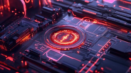 Wall Mural - a close-up view of a futuristic circuit board with glowing elements and intricate designs.
