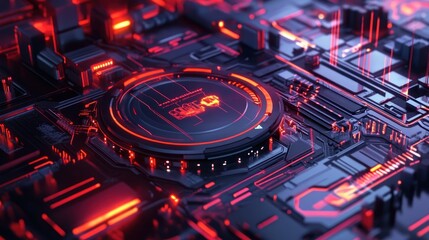 Wall Mural - a close-up view of a futuristic circuit board with glowing red accents and intricate details.